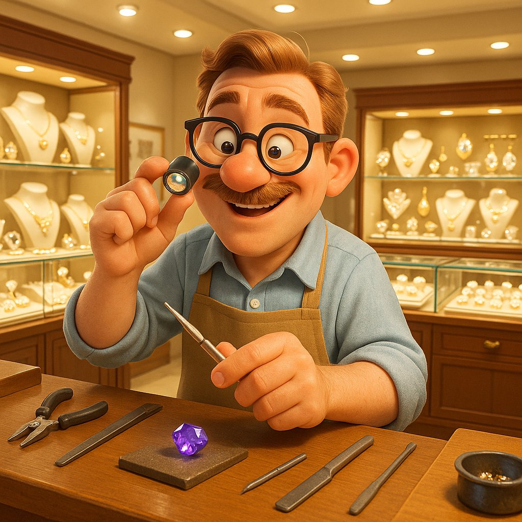 Master jeweler at Robinson's Jewelers expertly repairing an antique ring with precision tools under a bright light