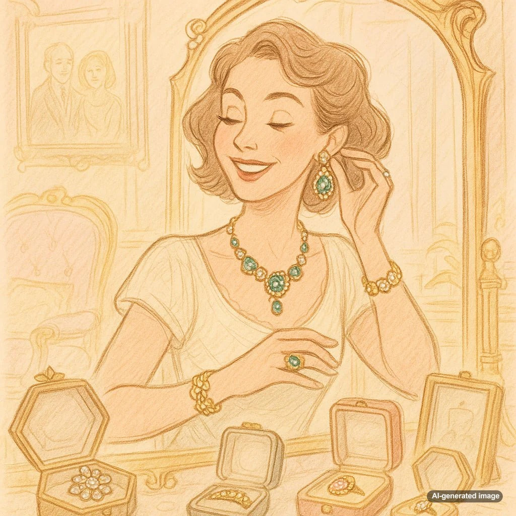 Elegant vintage jewelry collection featuring rings, necklaces and brooches displayed on velvet