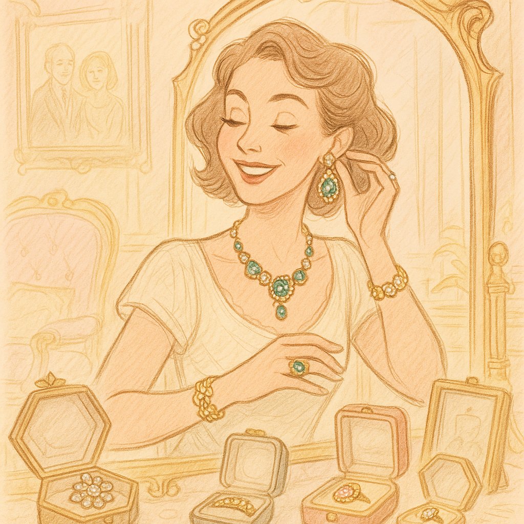 Elegant vintage jewelry collection featuring rings, necklaces and brooches displayed on velvet