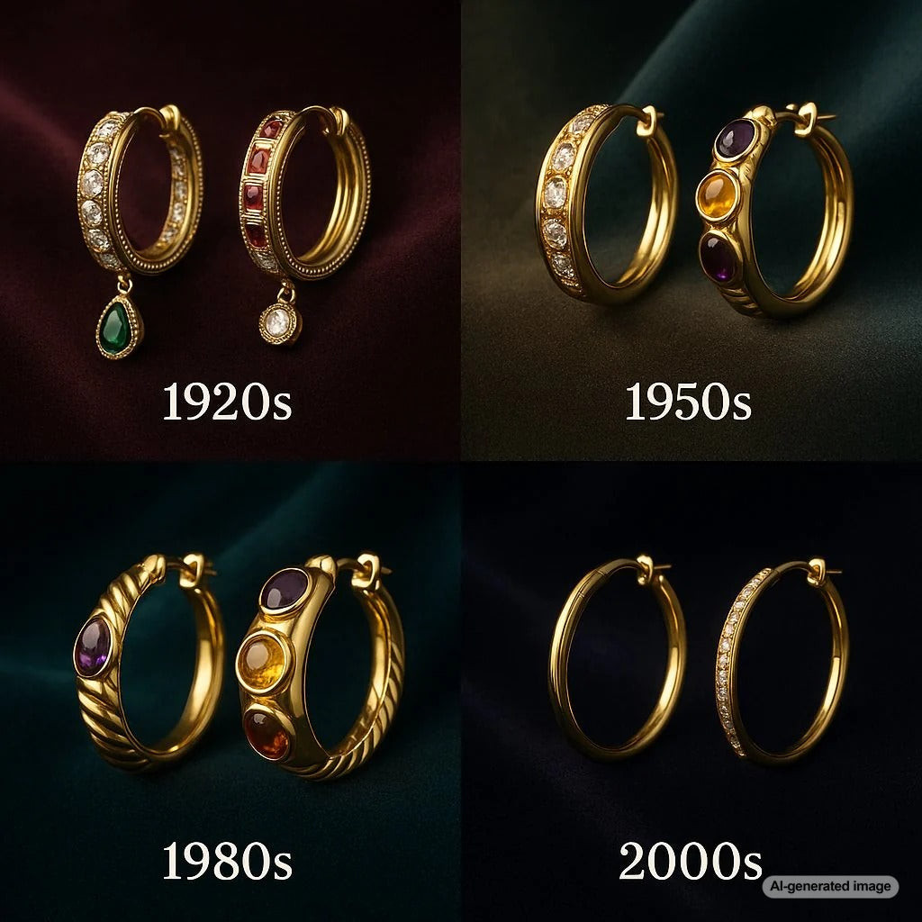 Vintage and modern hoop earrings displayed elegantly, showcasing their evolution through different eras