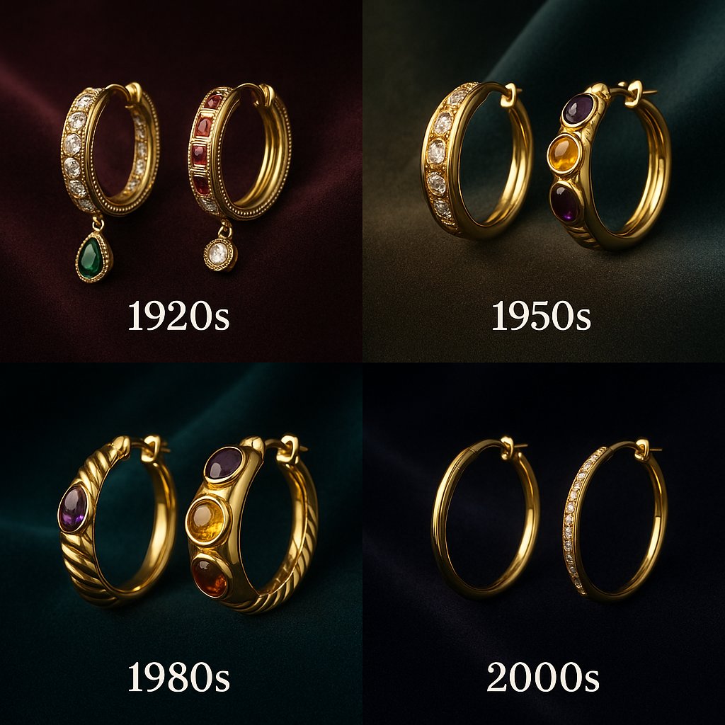 Vintage and modern hoop earrings displayed elegantly, showcasing their evolution through different eras