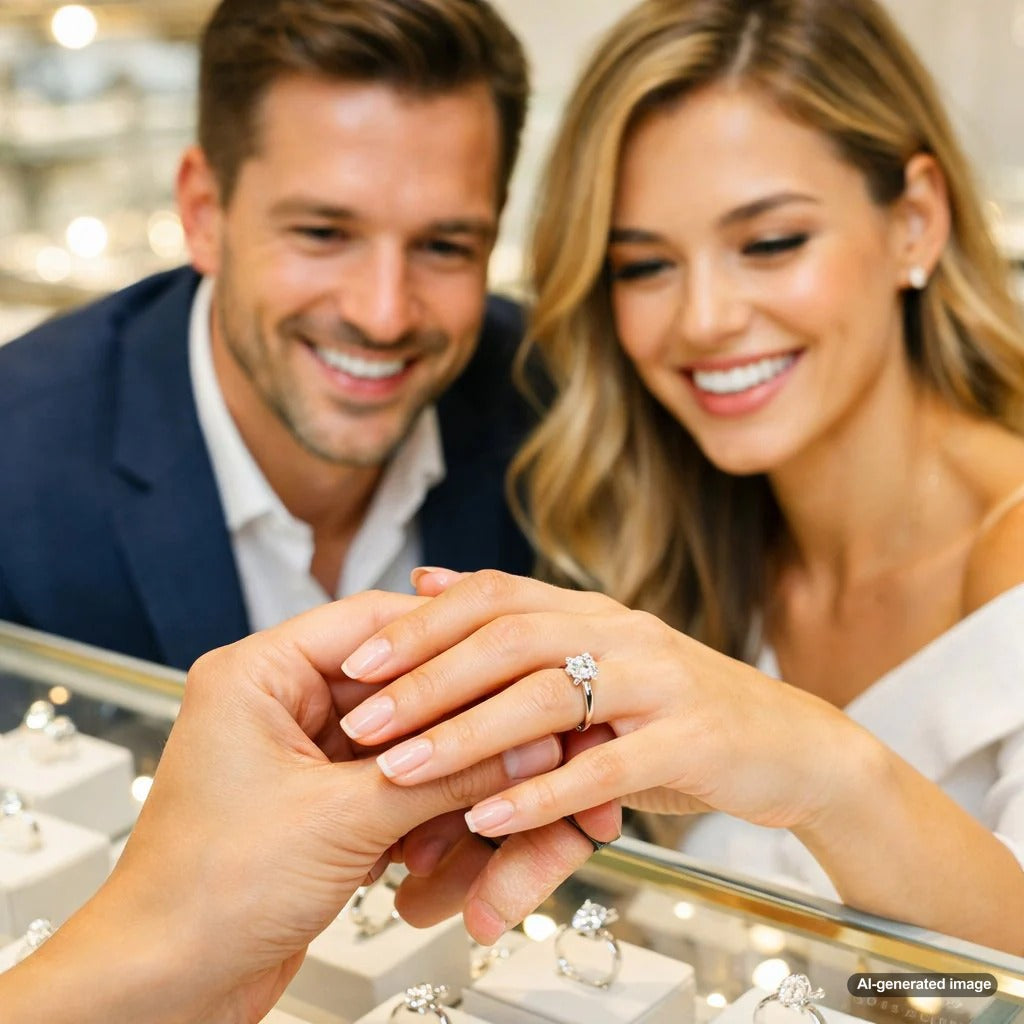 A stunning diamond engagement ring with a brilliant round cut center stone and a shimmering diamond band, representing the modern evolution of love and commitment at Robinson's Jewelers.
