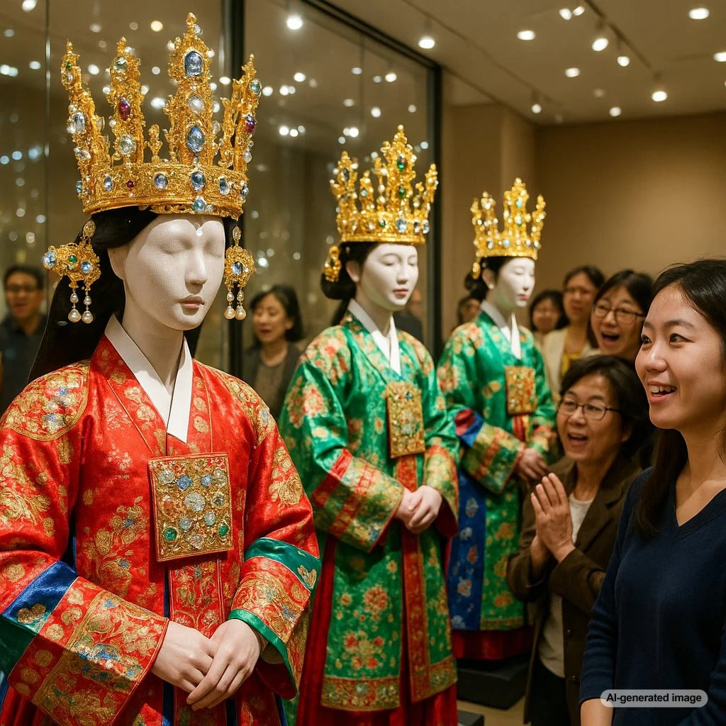 Traditional Korean Hwalot wedding crown and ceremonial attire displayed elegantly