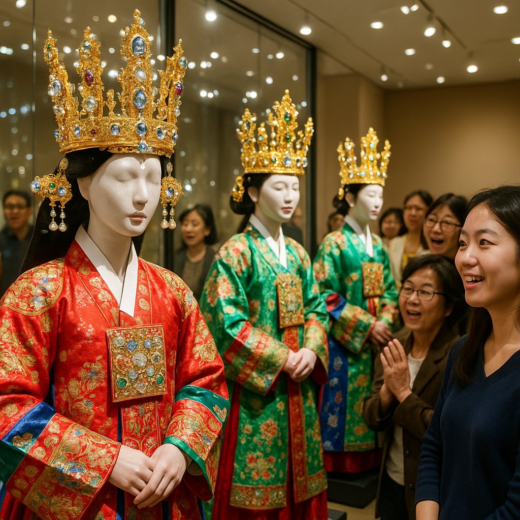 Traditional Korean Hwalot wedding crown and ceremonial attire displayed elegantly
