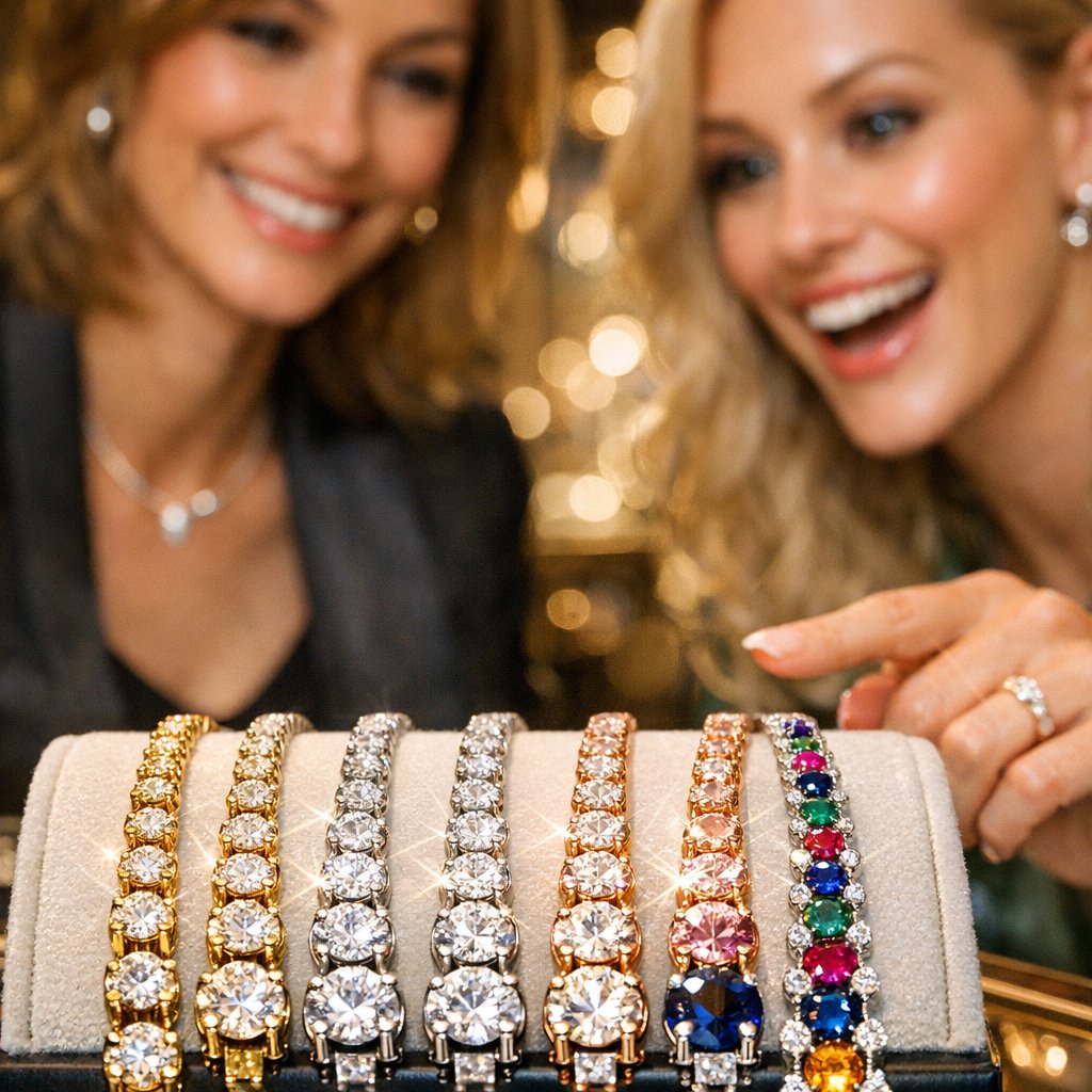 A stunning modern tennis bracelet with brilliant round diamonds, elegantly draped on a woman's wrist.