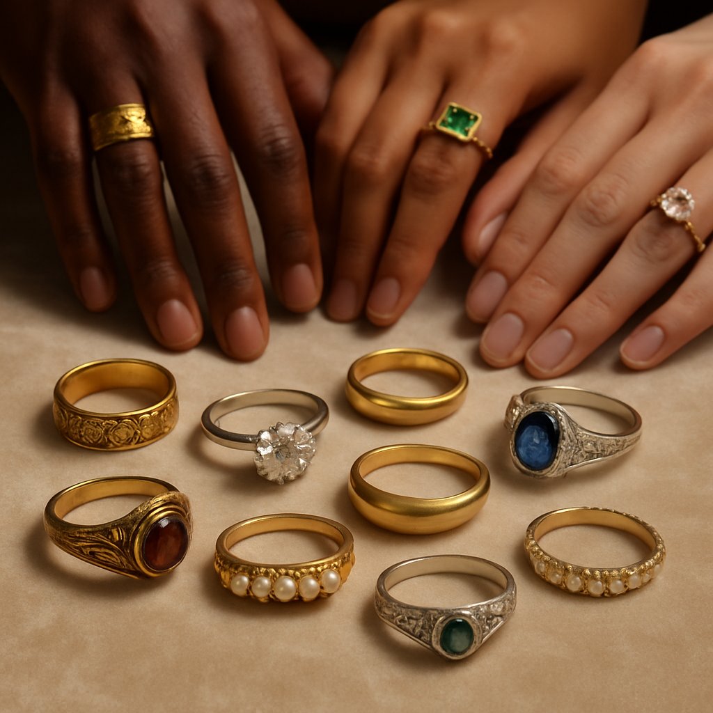 Historical and modern wedding rings displayed together showing the evolution of bridal jewelry designs
