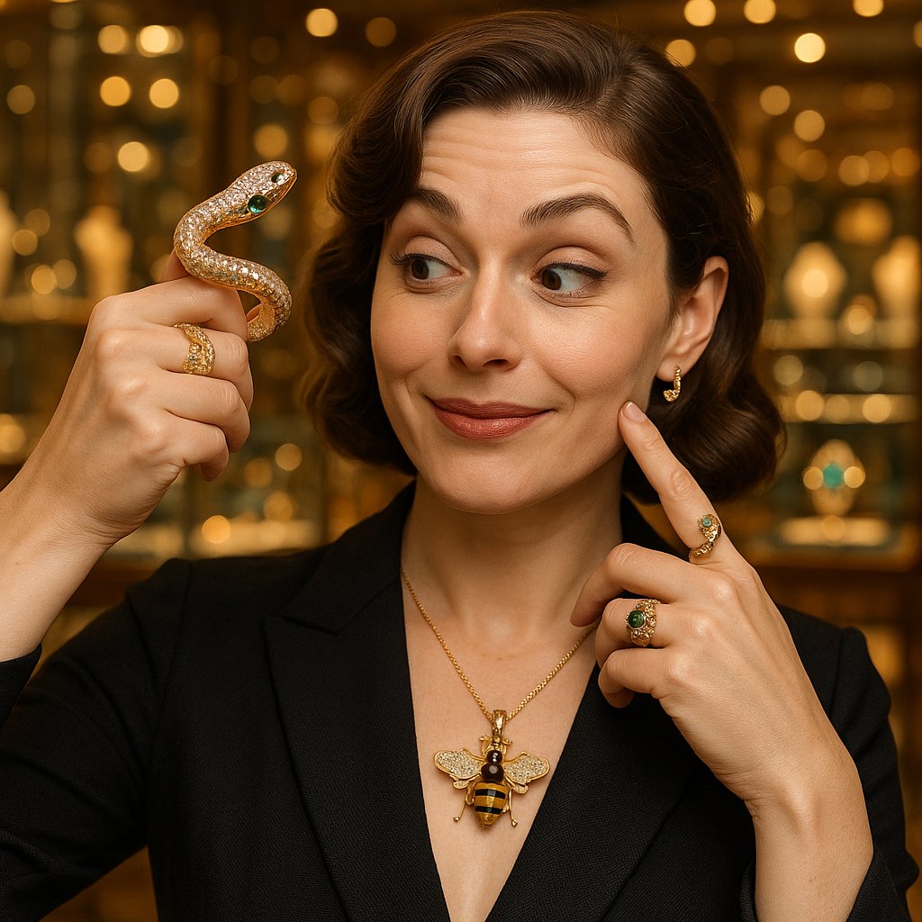 Elegant serpent and bee motif jewelry pieces from Robinson's Jewelers collection showcasing symbolic animal designs