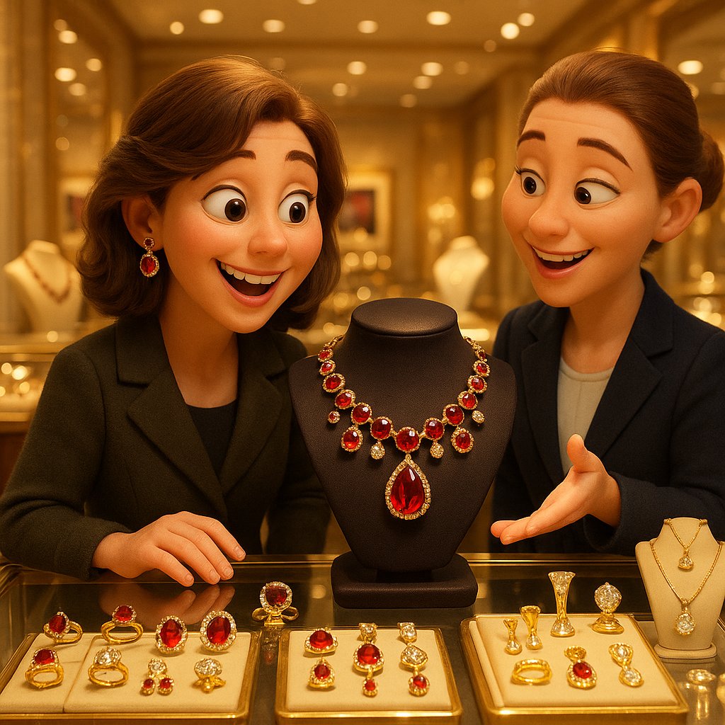 A stunning collection of red garnet jewelry including rings, necklaces, and earrings from Robinson's Jewelers.