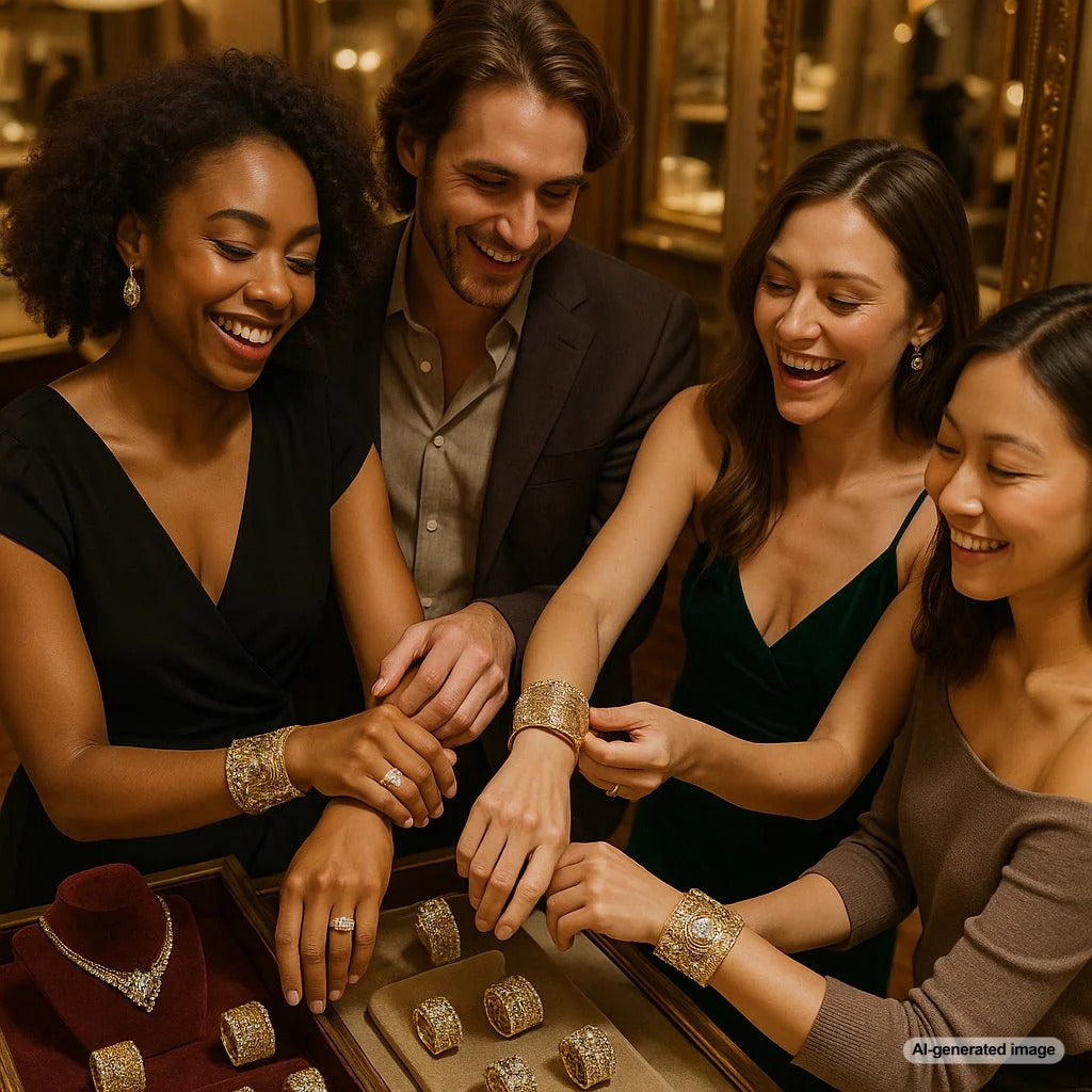 A modern gold friendship cuff bracelet, inspired by medieval traditions, displayed elegantly on a wrist.