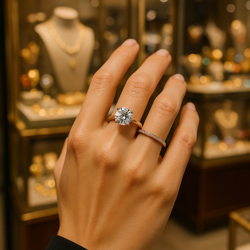 A beautiful solitaire diamond ring secured with an elegant diamond guard ring on display at Robinson's Jewelers