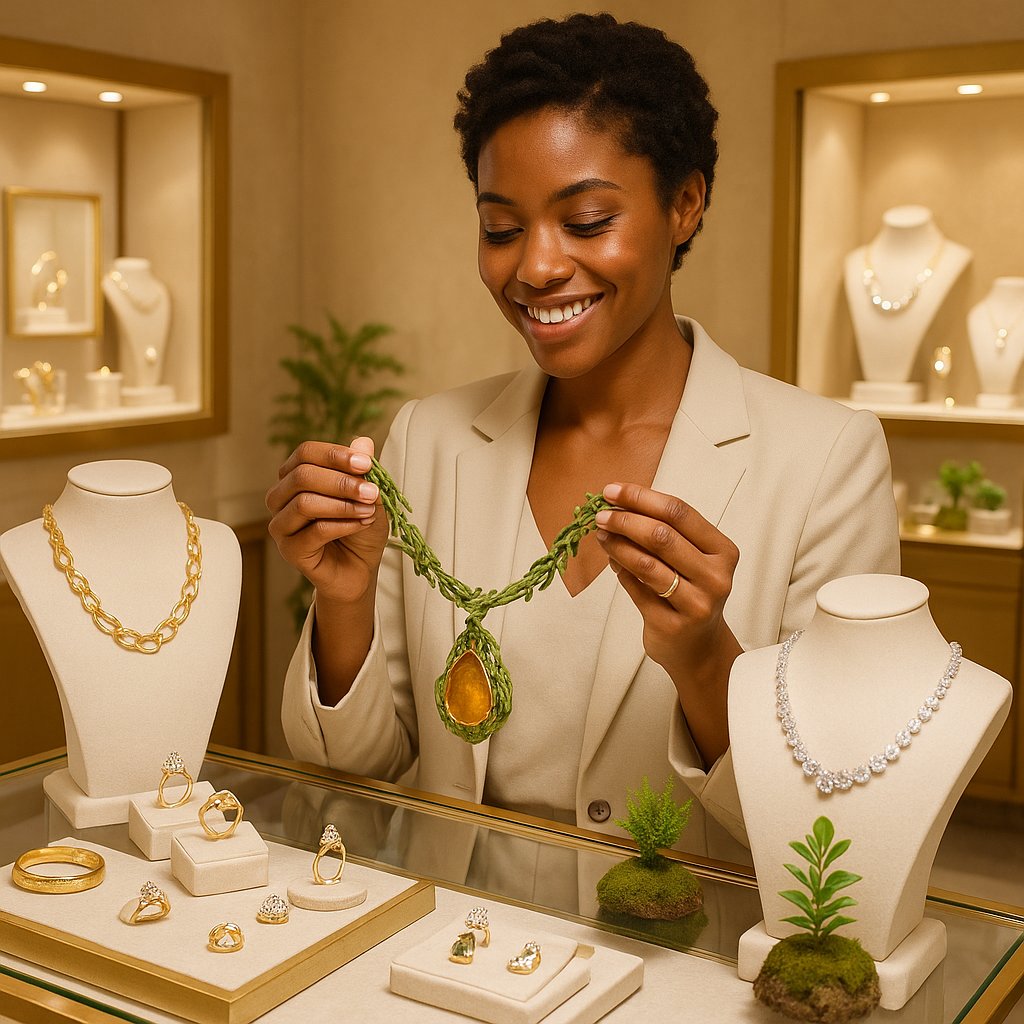 A modern and elegant display of sustainable fine jewelry featuring lab-grown diamond rings and recycled gold necklaces on a textured green background.