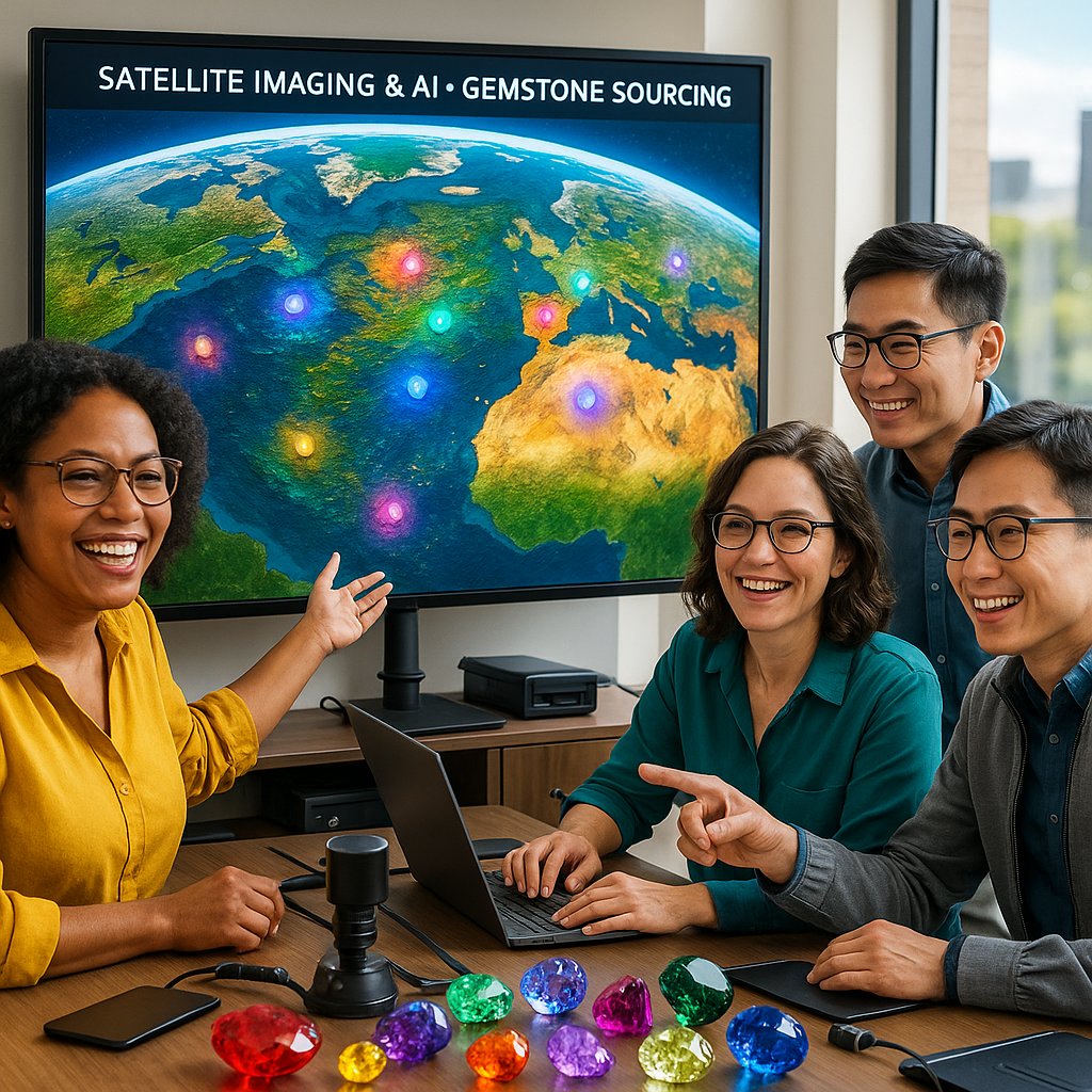 Satellite orbiting Earth with data streams highlighting gemstone-rich regions, symbolizing AI and tech-driven gemstone prospecting.