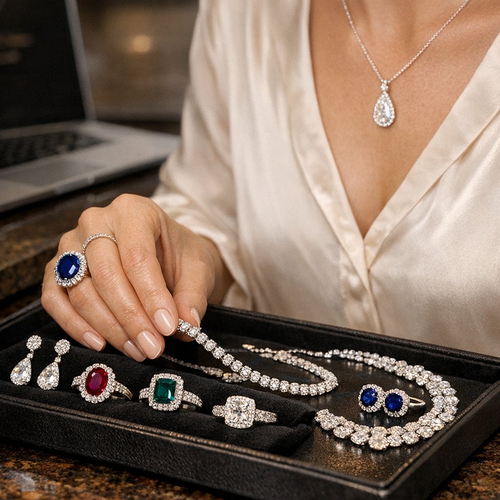 Conceptual close-up image of a futuristic diamond ring being designed by an artificial intelligence interface, symbolizing the future of jewelry retail.