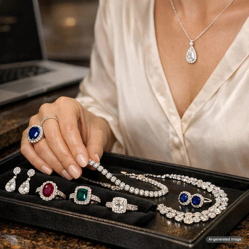 Conceptual close-up image of a futuristic diamond ring being designed by an artificial intelligence interface, symbolizing the future of jewelry retail.