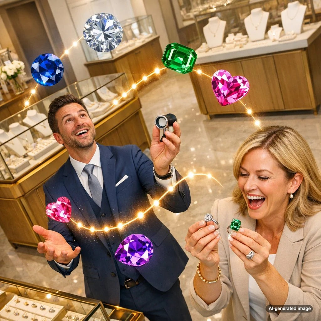 A dazzling assortment of lab-grown diamonds and gemstones in various cuts and colors, sparkling on a dark background, representing the future of fine jewelry.