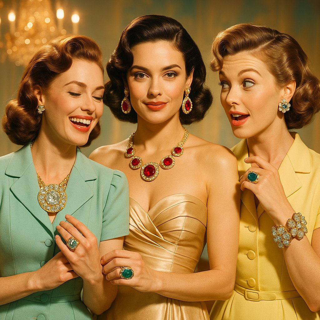 A bold collection of 1940s Retro jewelry featuring oversized cocktail rings, chunky gold bracelets, and brooches with vibrant colored gemstones on a velvet backdrop