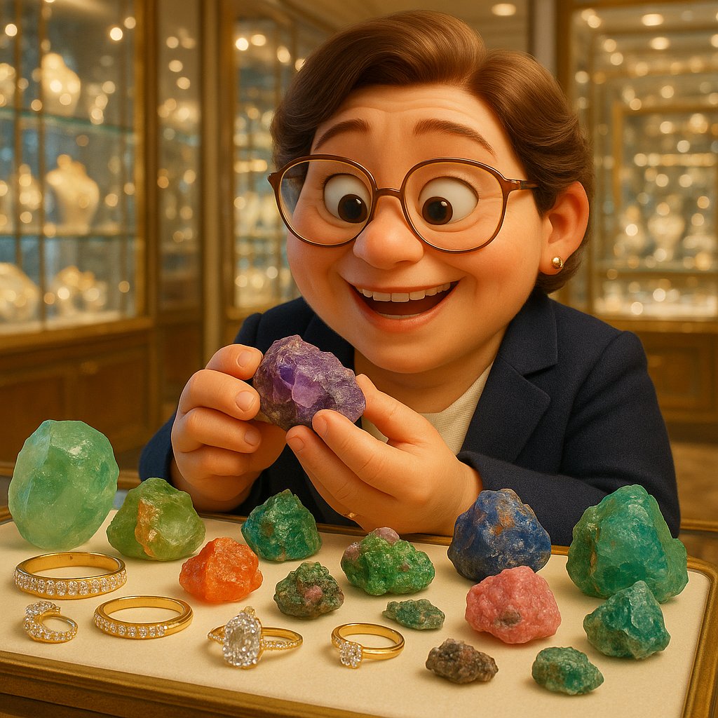 Organic raw gemstone jewelry featuring uncut diamonds, textured gold, and natural crystals in Goblincore style arrangements