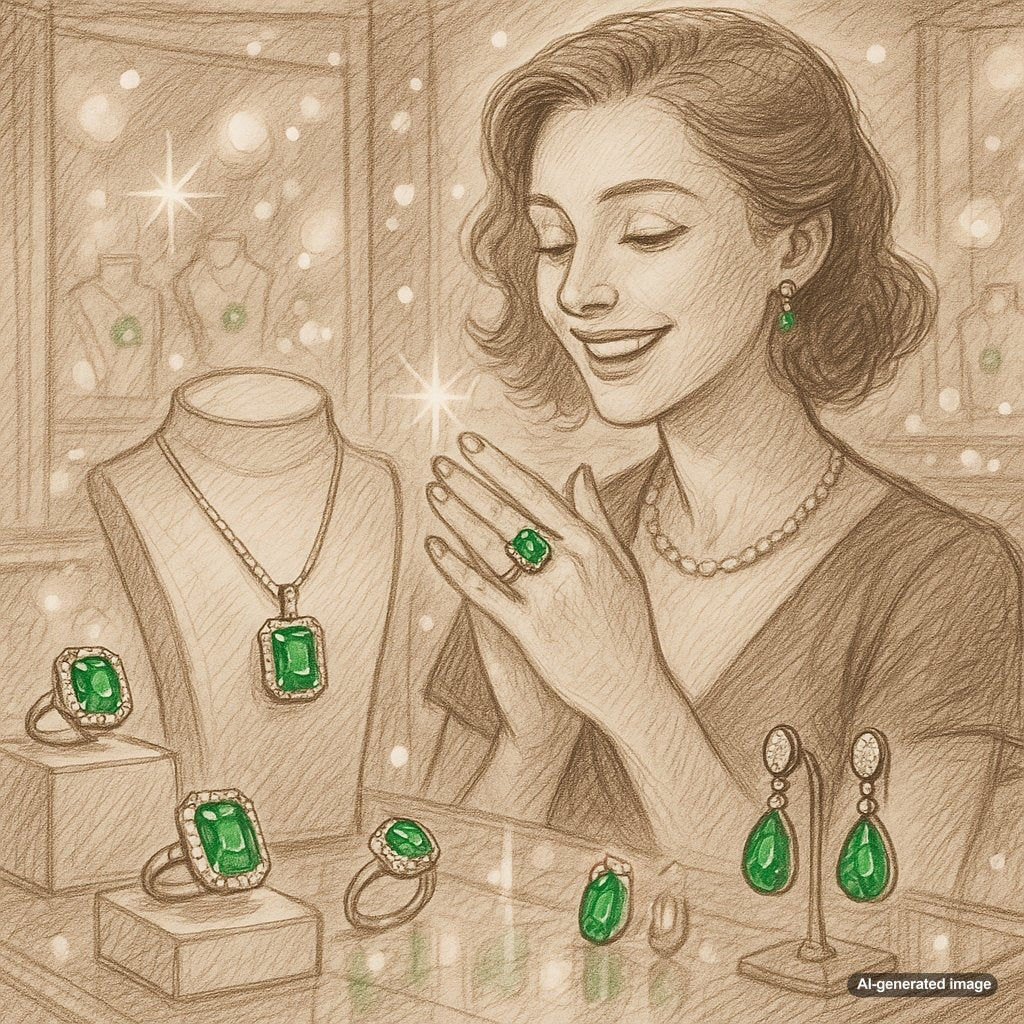 A stunning collection of emerald rings and jewelry from Robinson's Jewelers showcasing various cuts and settings