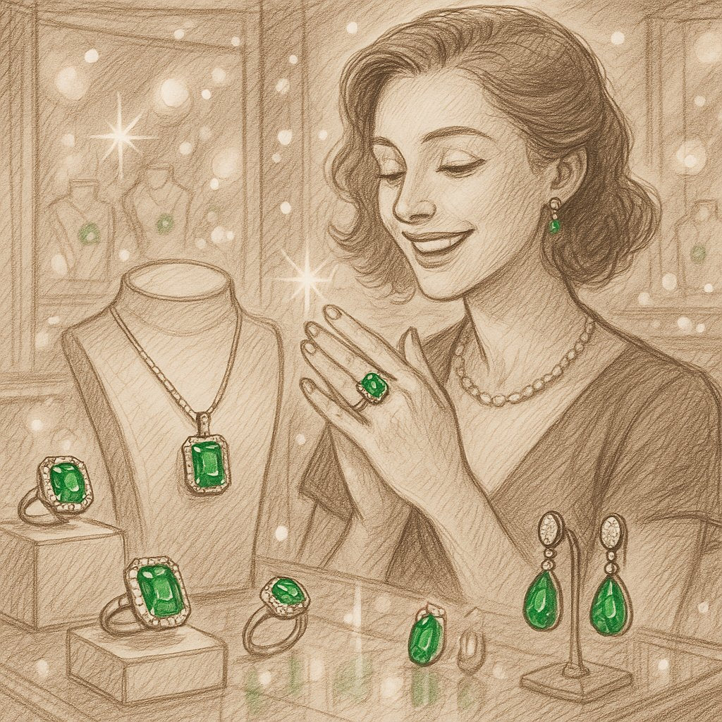 A stunning collection of emerald rings and jewelry from Robinson's Jewelers showcasing various cuts and settings
