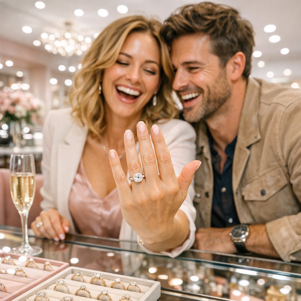 A stunning diamond anniversary band nestled next to a classic engagement ring, symbolizing a love story upgrade for a major milestone.