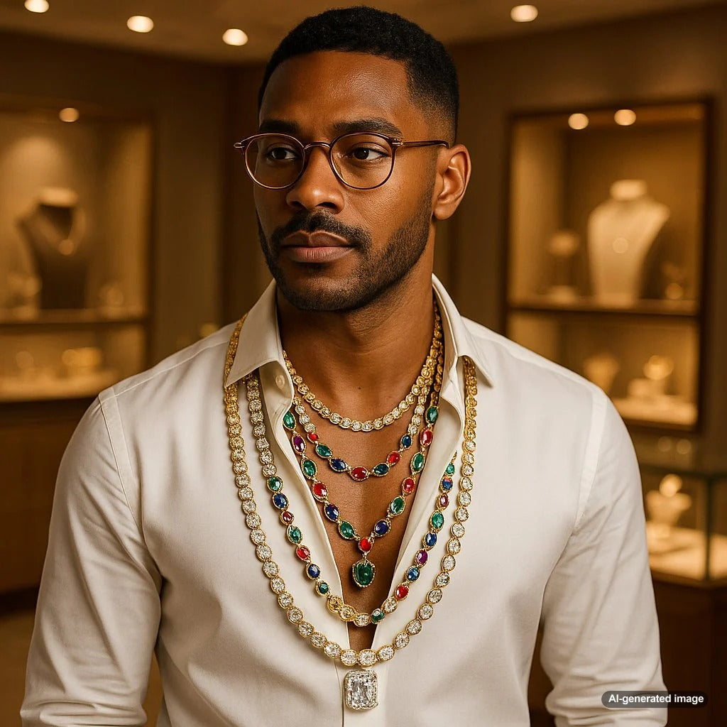 Stylish man wearing layered necklaces with casual outfit