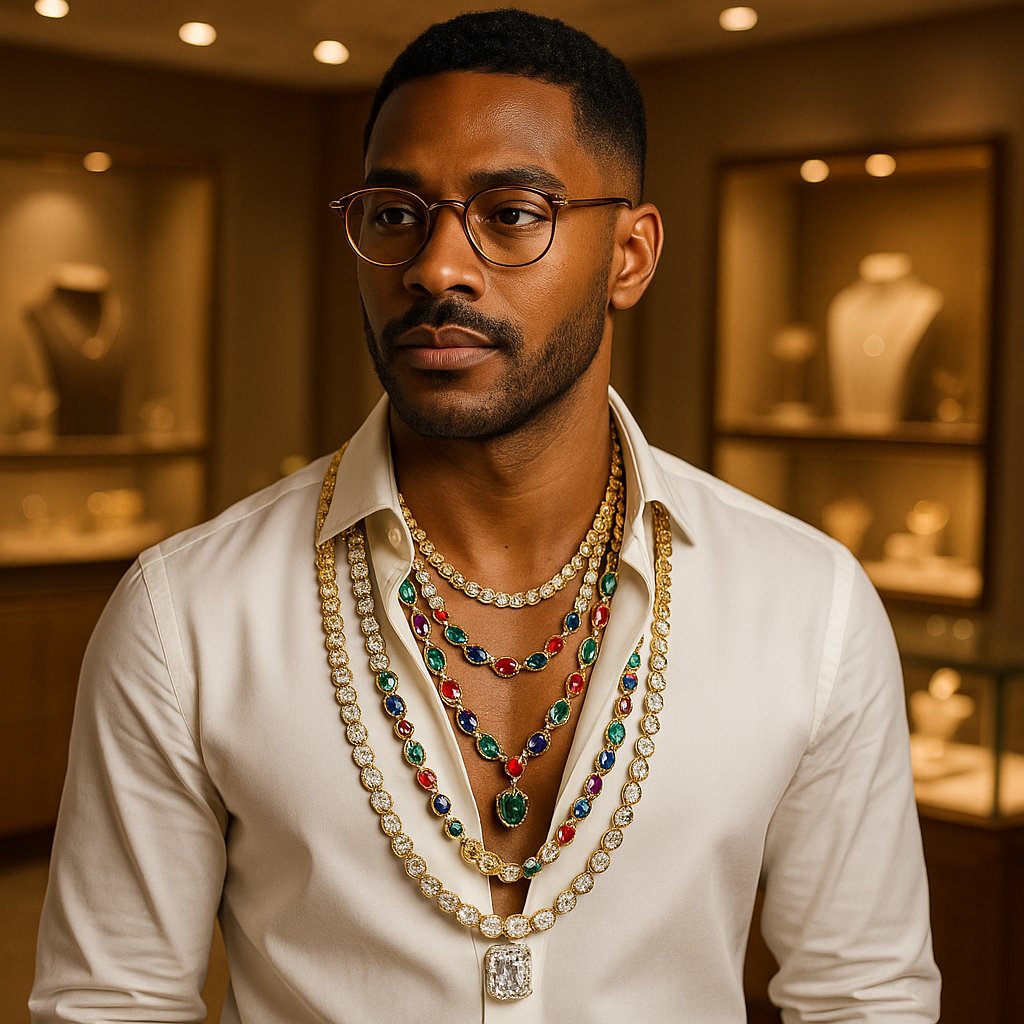 Stylish man wearing layered necklaces with casual outfit