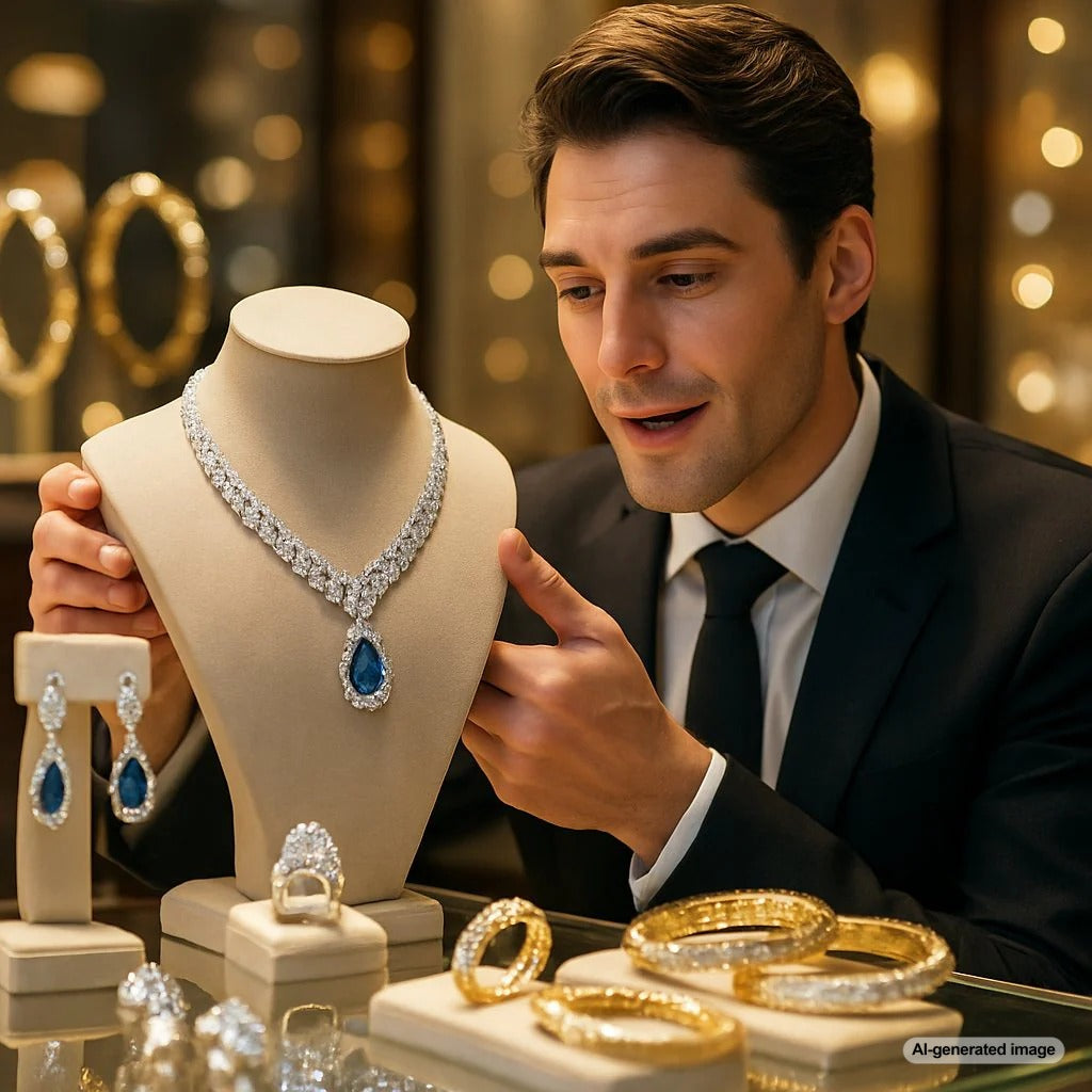 Comparison image showing tarnished fast fashion jewelry next to sparkling fine jewelry from Robinson's Jewelers
