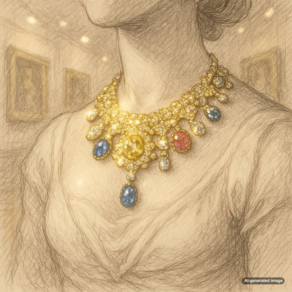 Close-up of intricate jewelry details from famous paintings displayed at Robinson's Jewelers