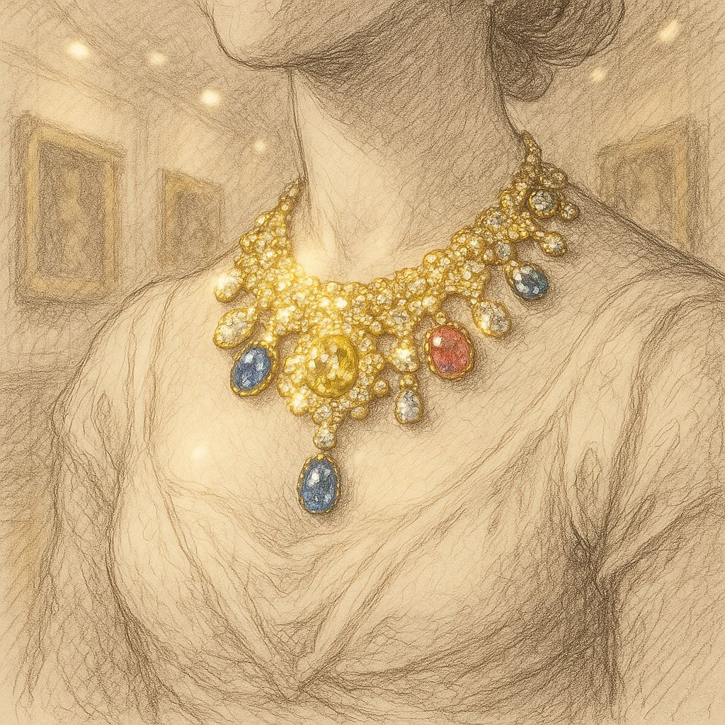Close-up of intricate jewelry details from famous paintings displayed at Robinson's Jewelers