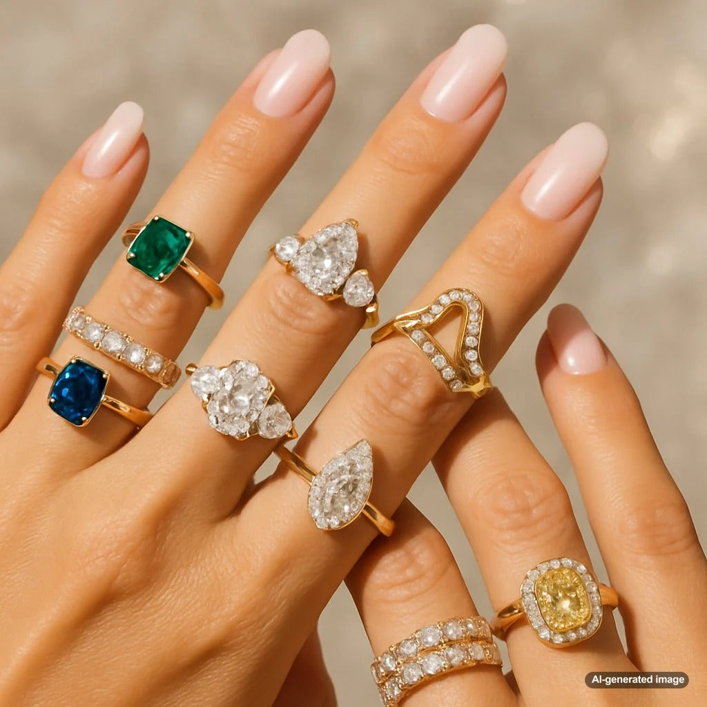 Close-up of a hand adorned with rings on different fingers, showcasing unique styles and gemstones