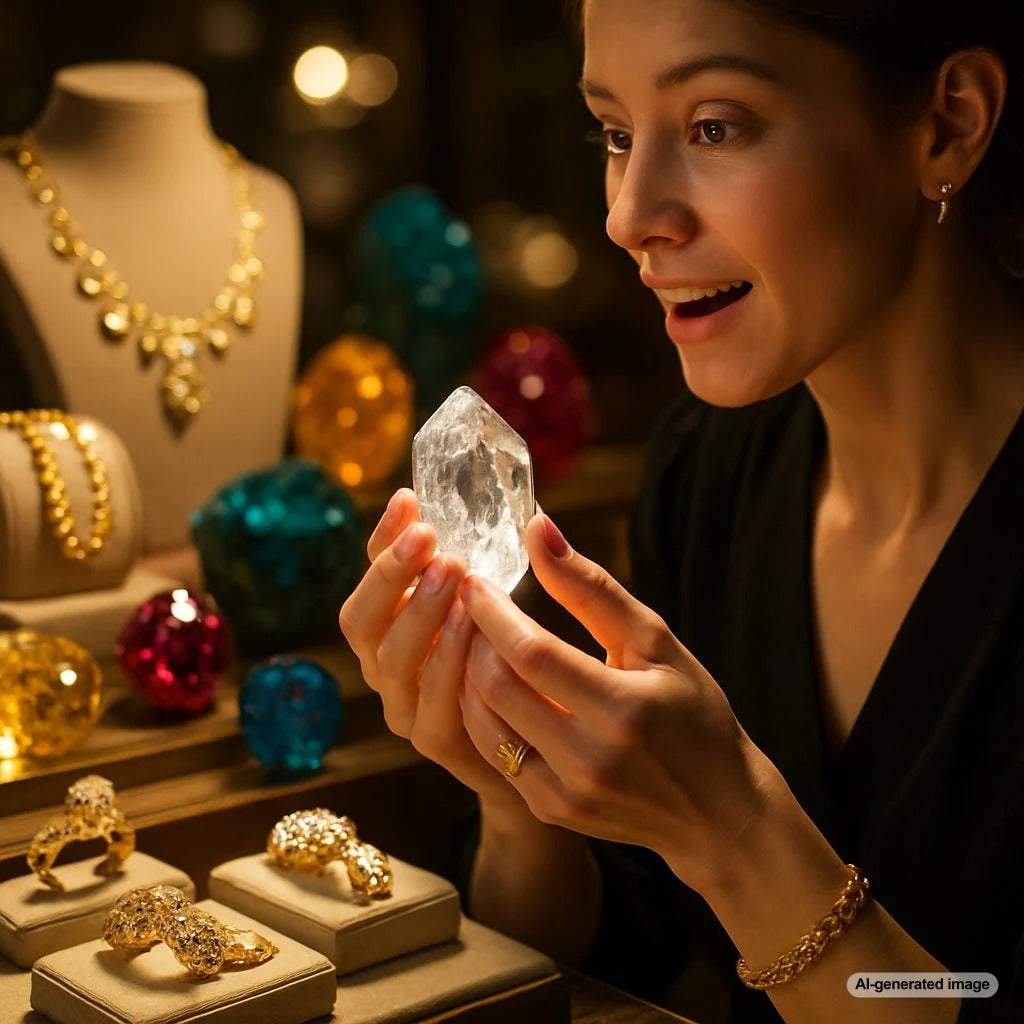An assortment of beautifully lit healing crystals and gemstone jewelry including rings, necklaces, and raw stones on a dark background