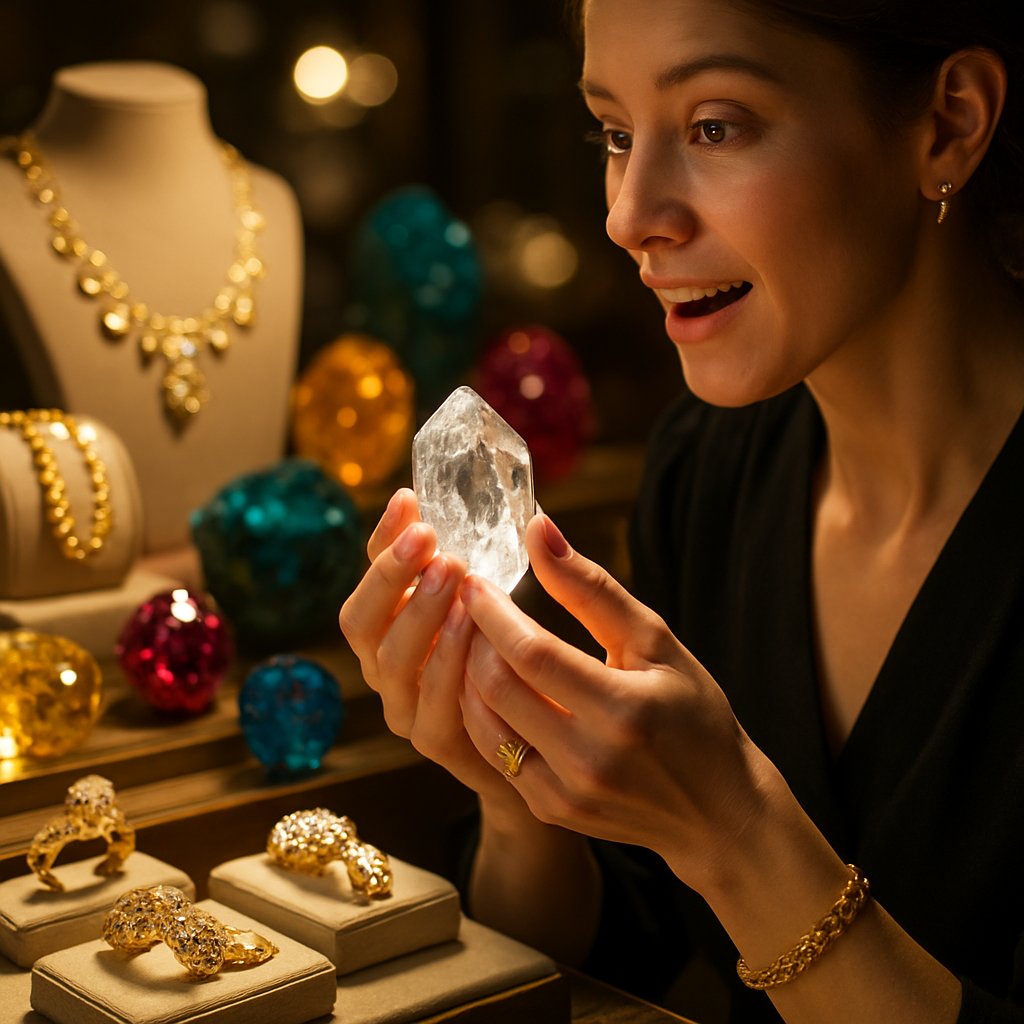 An assortment of beautifully lit healing crystals and gemstone jewelry including rings, necklaces, and raw stones on a dark background