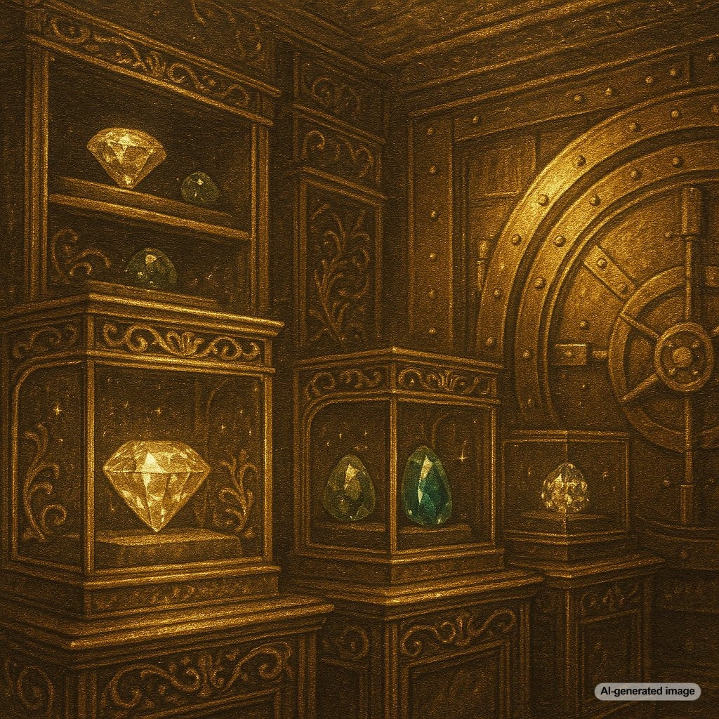 Opulent jewelry collection featuring rare gemstones and diamond pieces in a luxurious vault setting