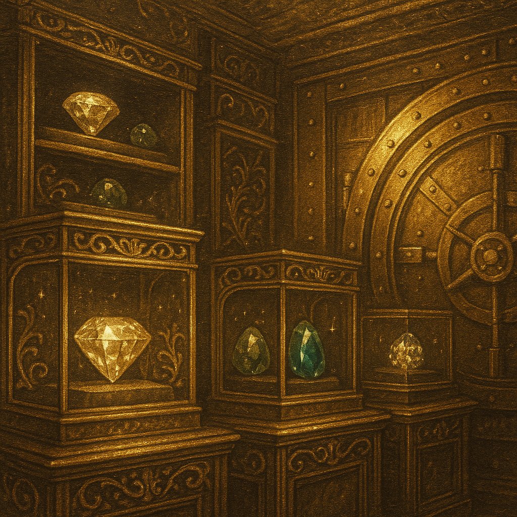 Opulent jewelry collection featuring rare gemstones and diamond pieces in a luxurious vault setting