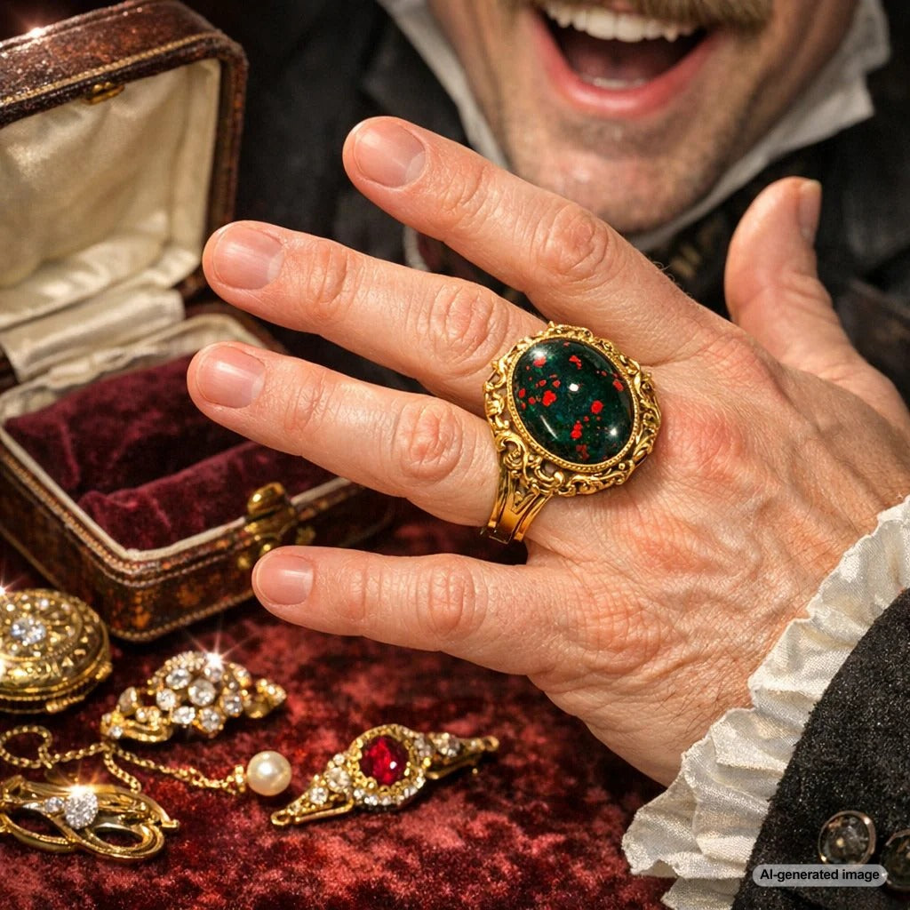 Close-up of an antique Victorian bloodstone signet ring, showing the dark green stone with red speckles set in intricate yellow gold.