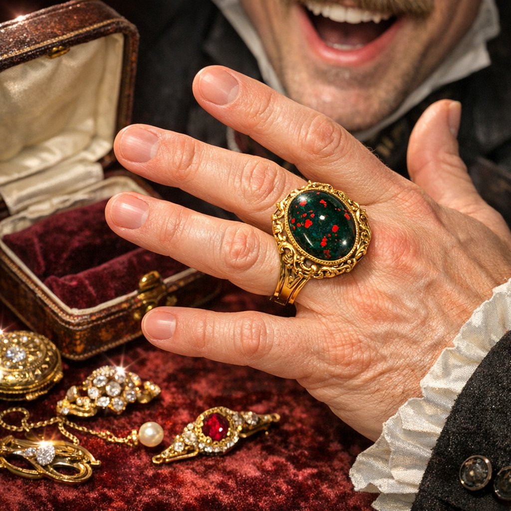 Close-up of an antique Victorian bloodstone signet ring, showing the dark green stone with red speckles set in intricate yellow gold.