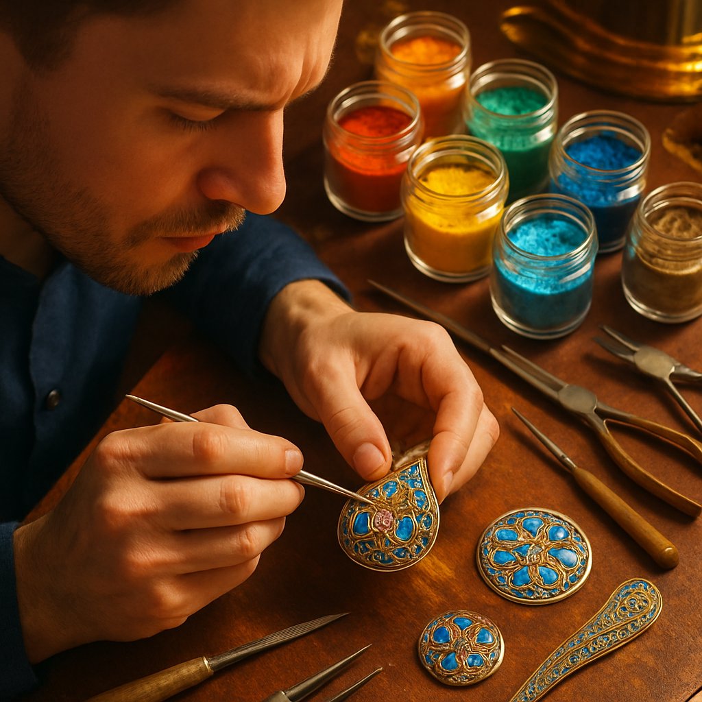 Exquisite Russian Rostov finift jewelry showing vibrant enamel miniatures with intricate silver filigree frames