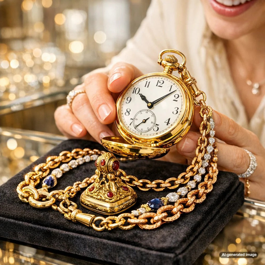 A modern styling of antique gold fob seals and watch chains on a velvet background, showcasing intricate engraved details and chain links.