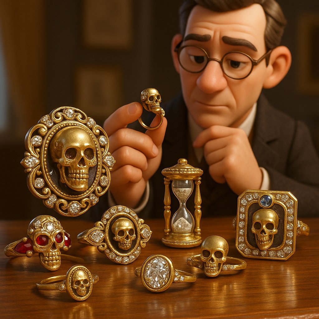 A collection of exquisite antique and modern memento mori jewelry featuring skull motifs, black enamel, and precious gems on a dark velvet background.