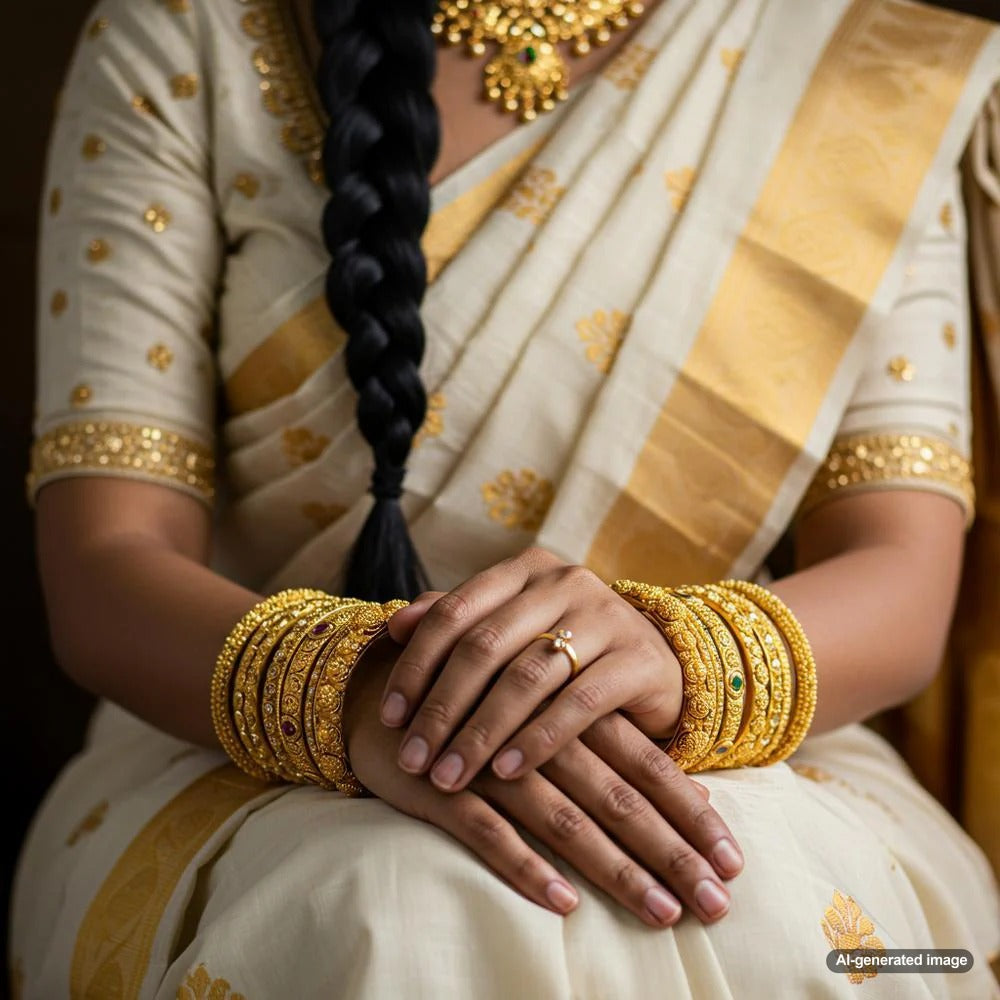 A collection of traditional Indian gold bangles with intricate designs symbolizing cultural heritage.
