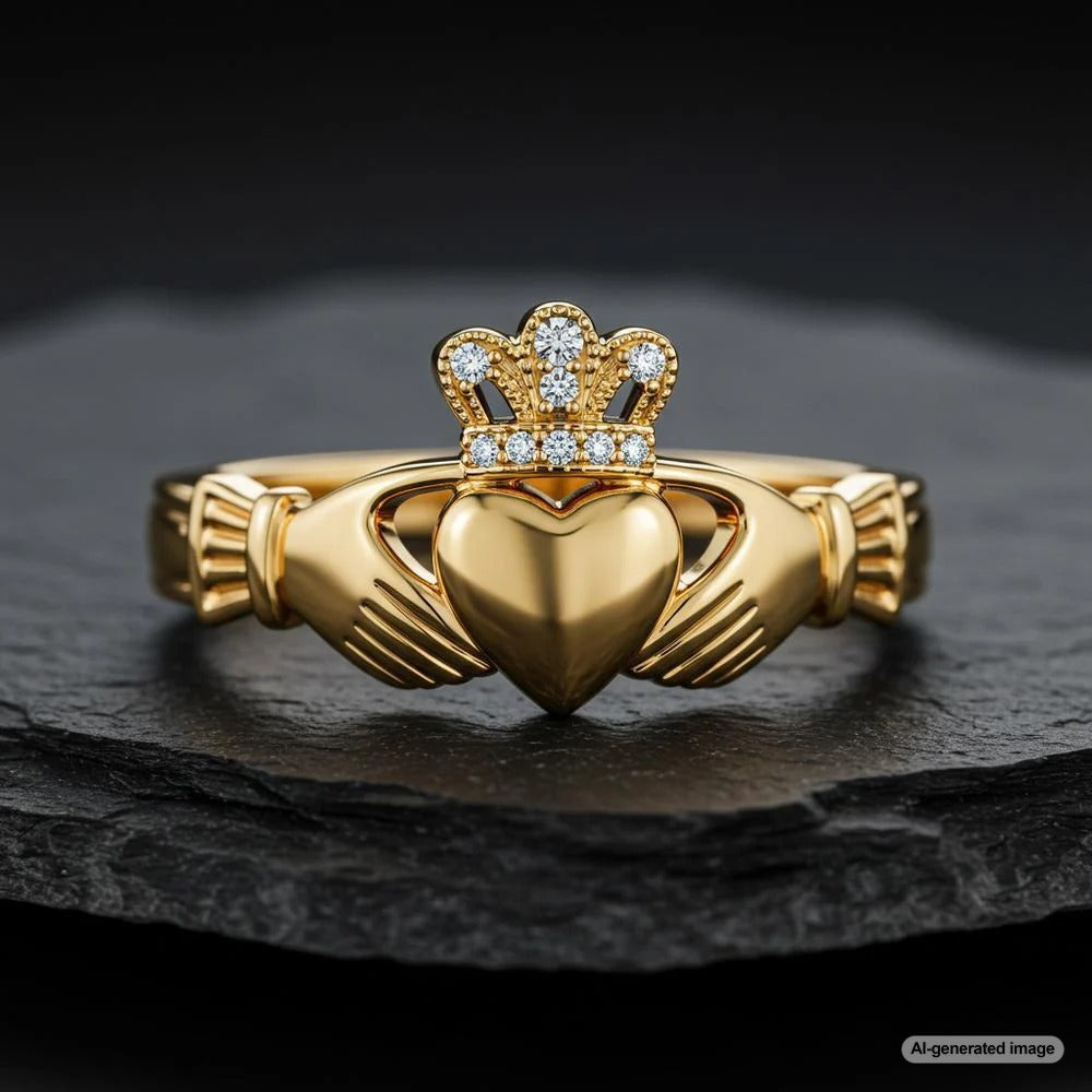 A traditional Claddagh ring showcasing its heart, hands, and crown design