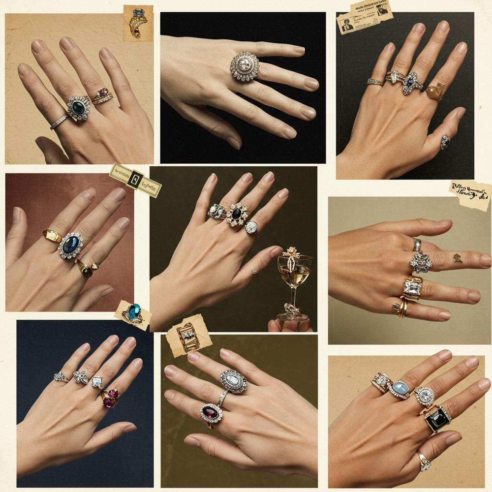 A dazzling cocktail ring with a large gemstone surrounded by smaller stones, symbolizing timeless glamour.