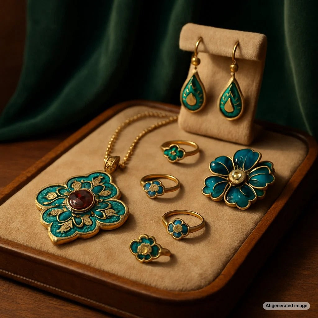 Vibrant enamel jewelry pieces showcasing colorful designs and intricate craftsmanship