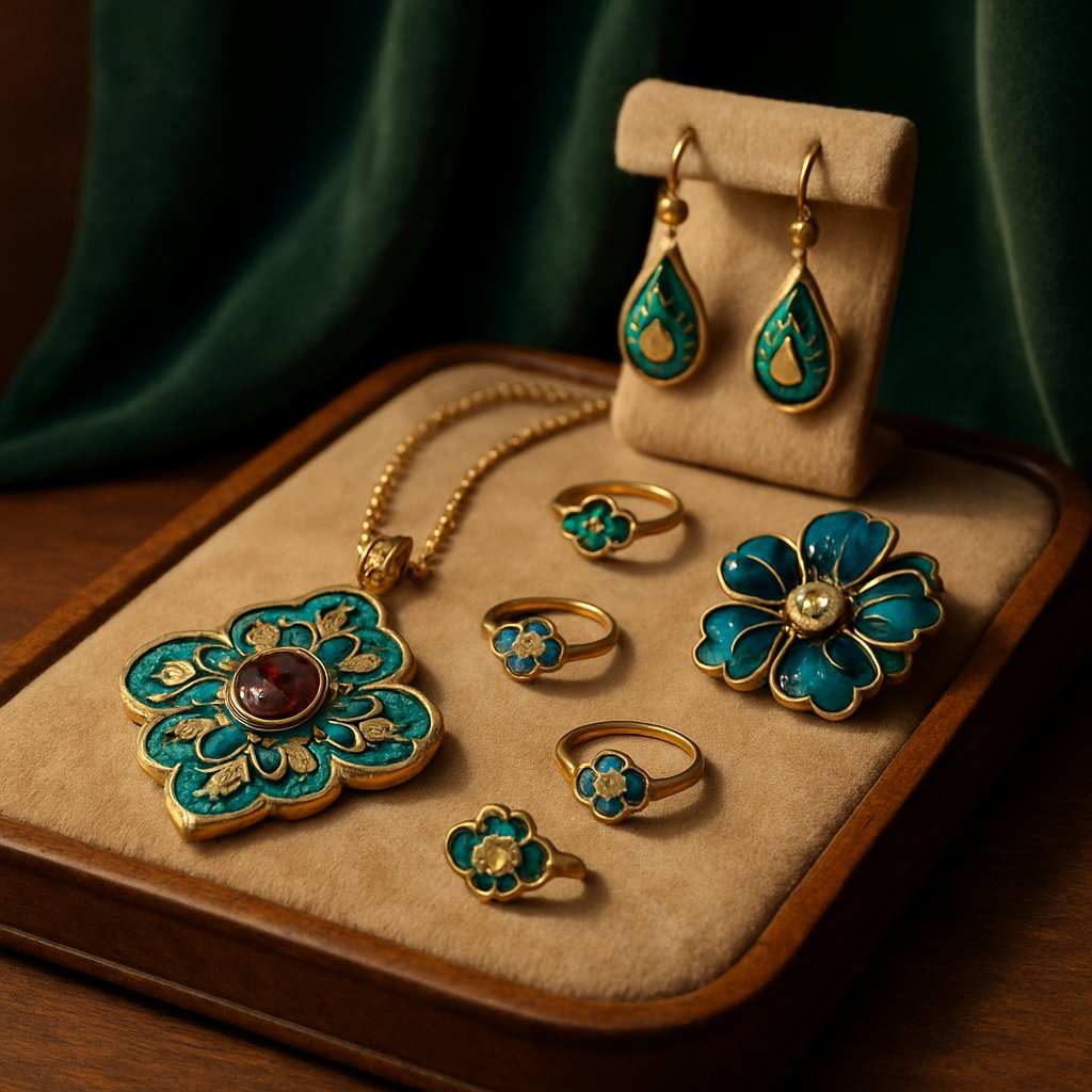 Vibrant enamel jewelry pieces showcasing colorful designs and intricate craftsmanship