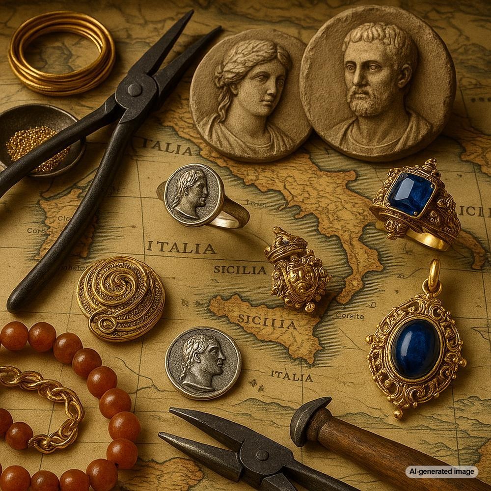 Italian jewelry making history featuring intricate gold and gemstone designs