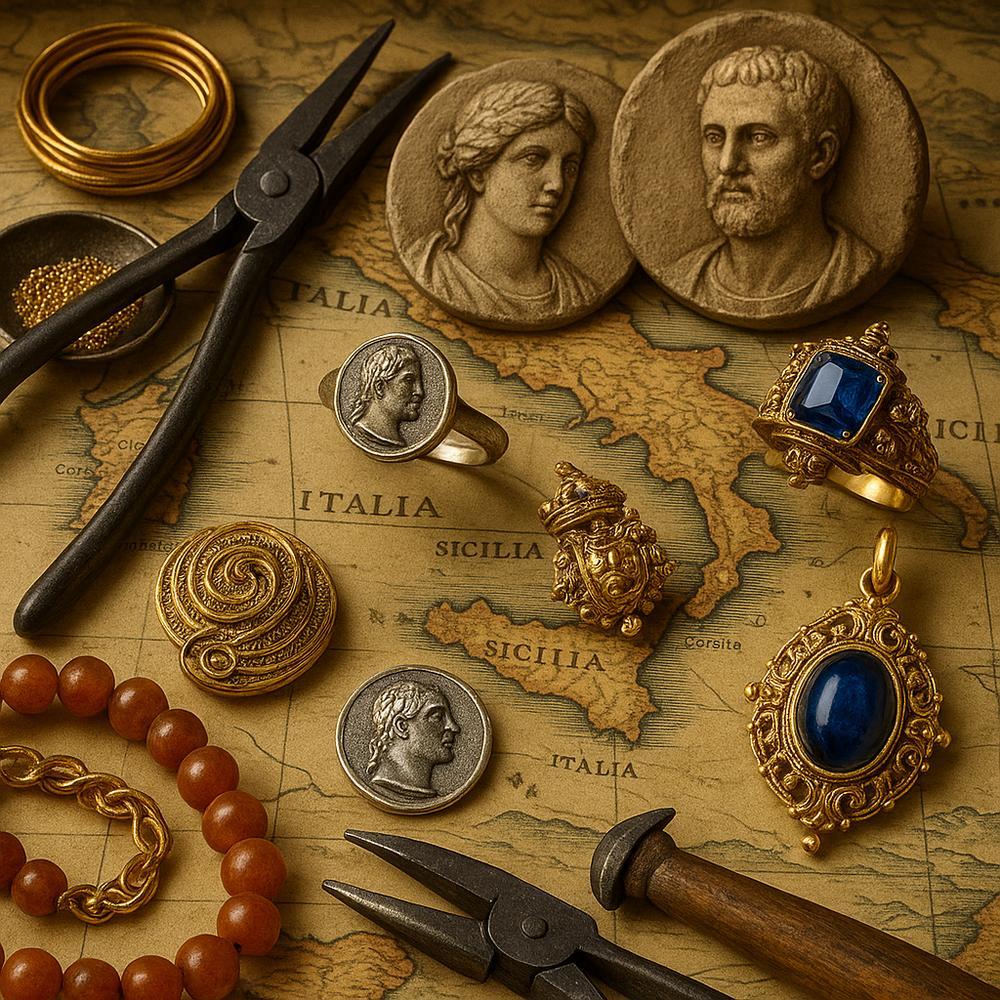 Italian jewelry making history featuring intricate gold and gemstone designs