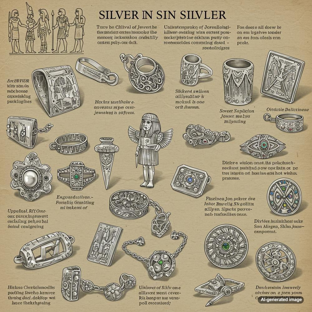 Silver jewelry pieces including necklaces, rings, and bracelets displayed elegantly
