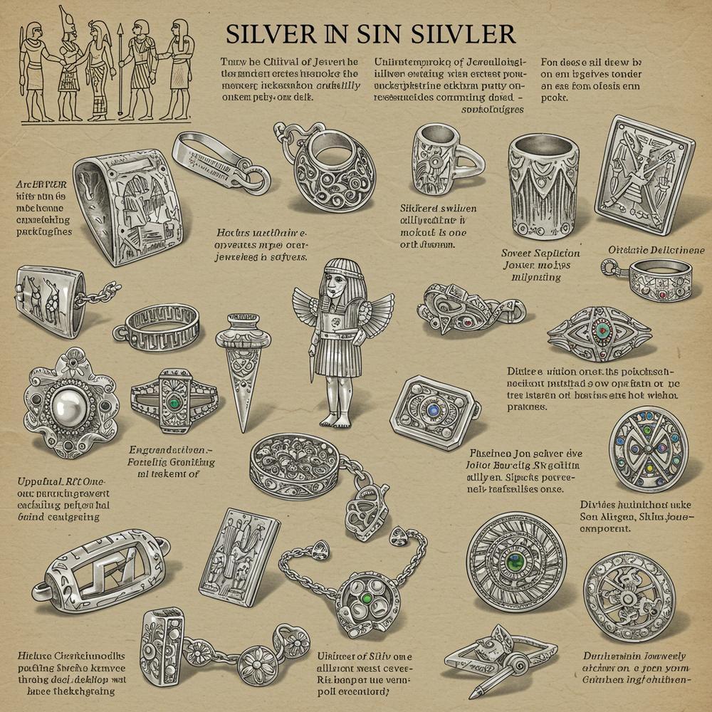 Silver jewelry pieces including necklaces, rings, and bracelets displayed elegantly