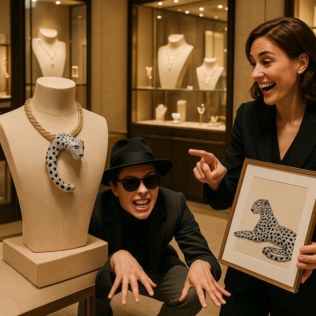 A stunning close-up of a vintage Cartier Panther brooch featuring diamonds, onyx, and emeralds