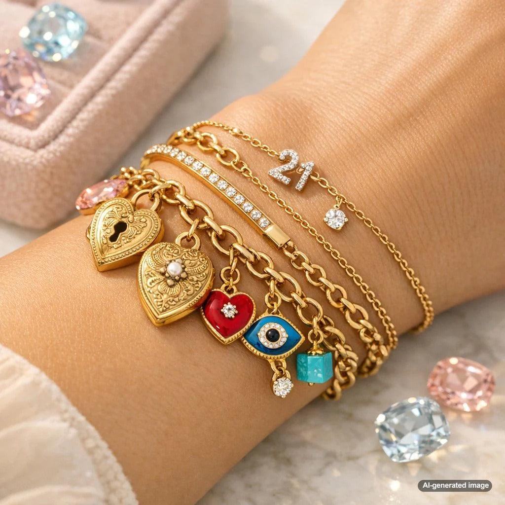 An array of vintage and modern charm bracelets displayed on a neutral surface, showcasing the evolution from Victorian lockets to contemporary milestone charms, highlighting the history of the charm bracelet.